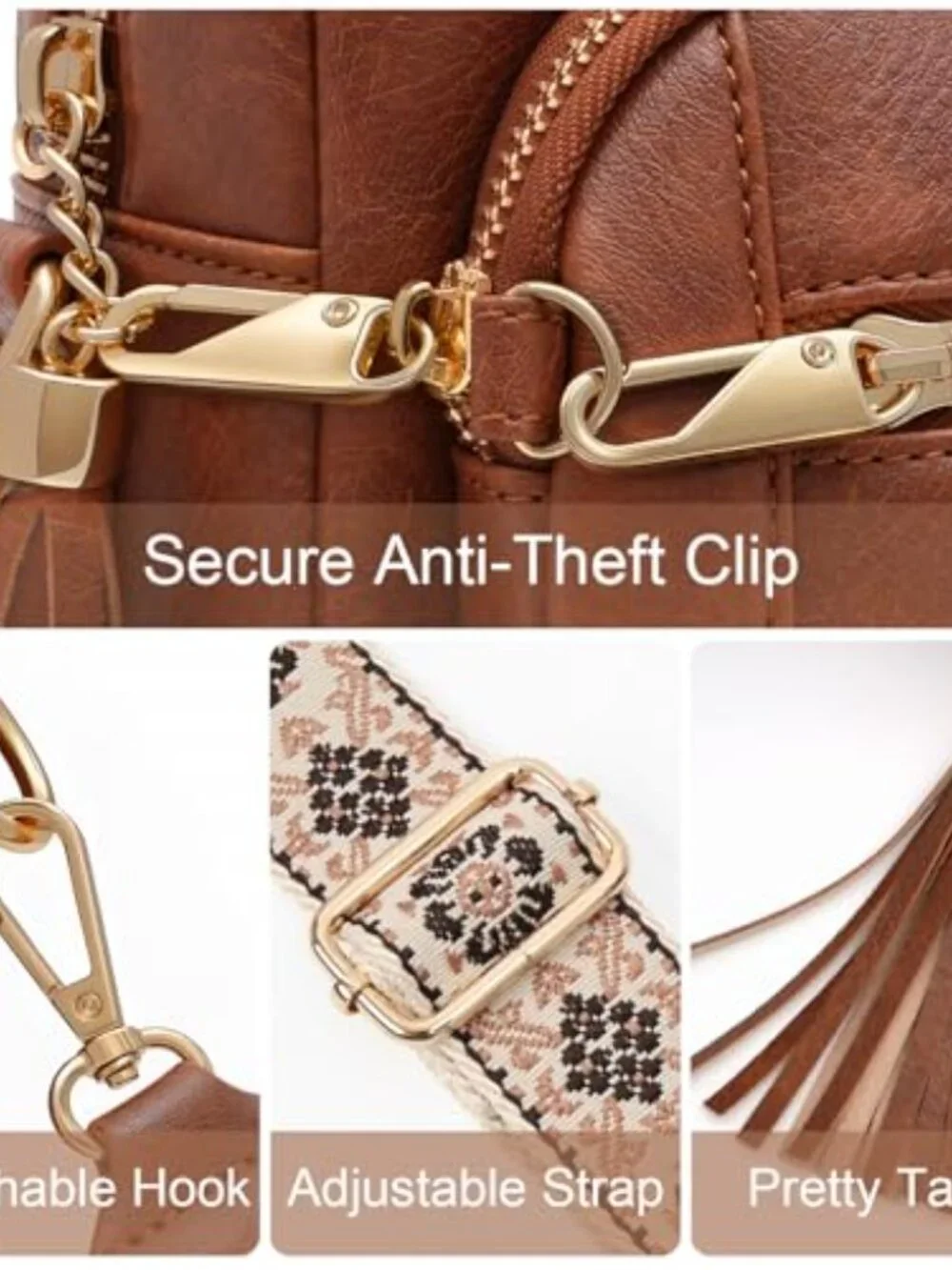 Small Faux Leather Crossbody Bag Anti-theft with Wide Strap Tassel